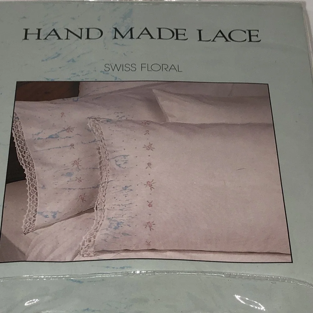 Handmade Lace SWISS FLORAL Dot Rose Pillowcase Pair Standard 100% Cotton NEW